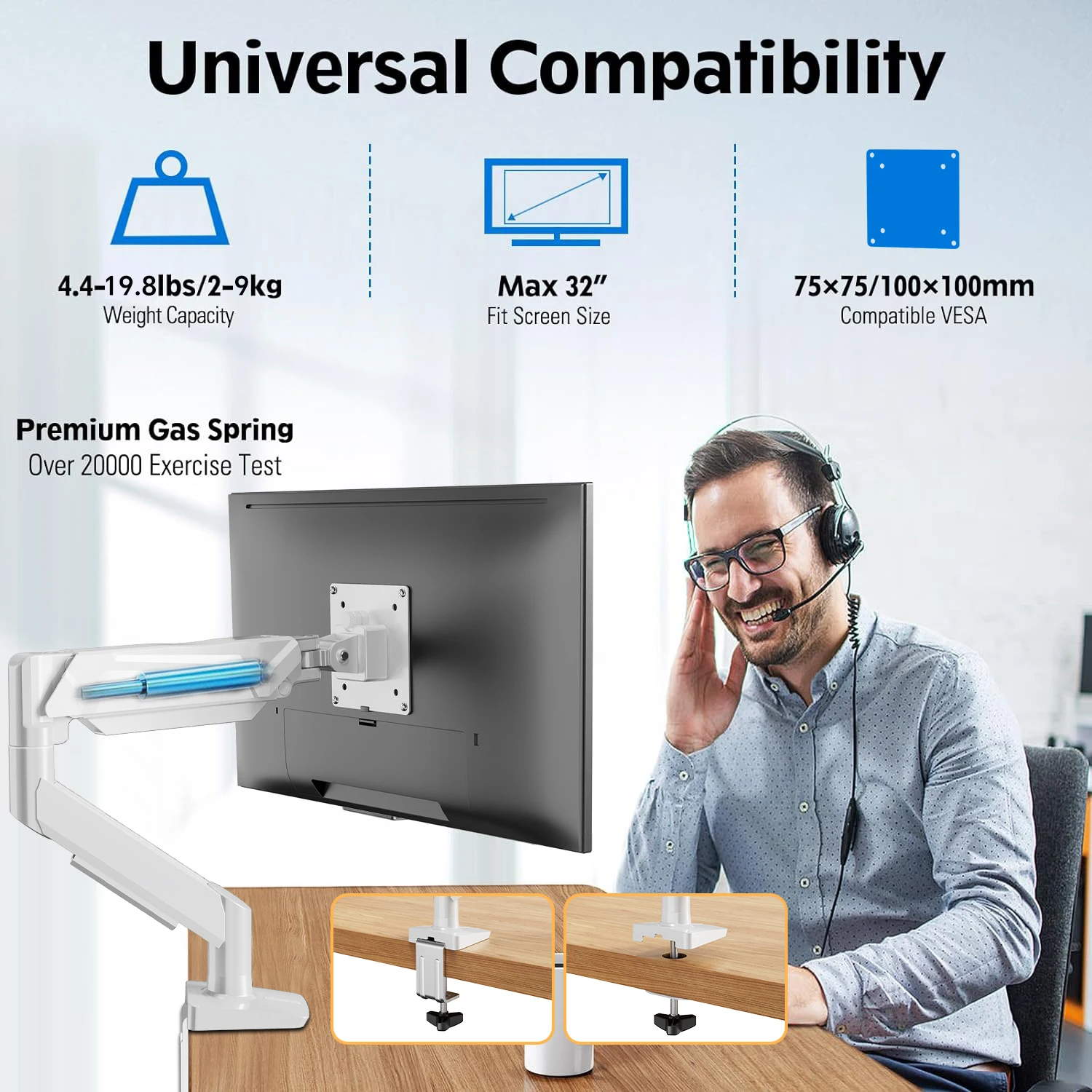 Single Monitor Mount, 13 to 32 Inch Monitor Arm, Adjustable Monitor Stand Vesa Mount with Clamp and Grommet Base up to 19.8 lbs