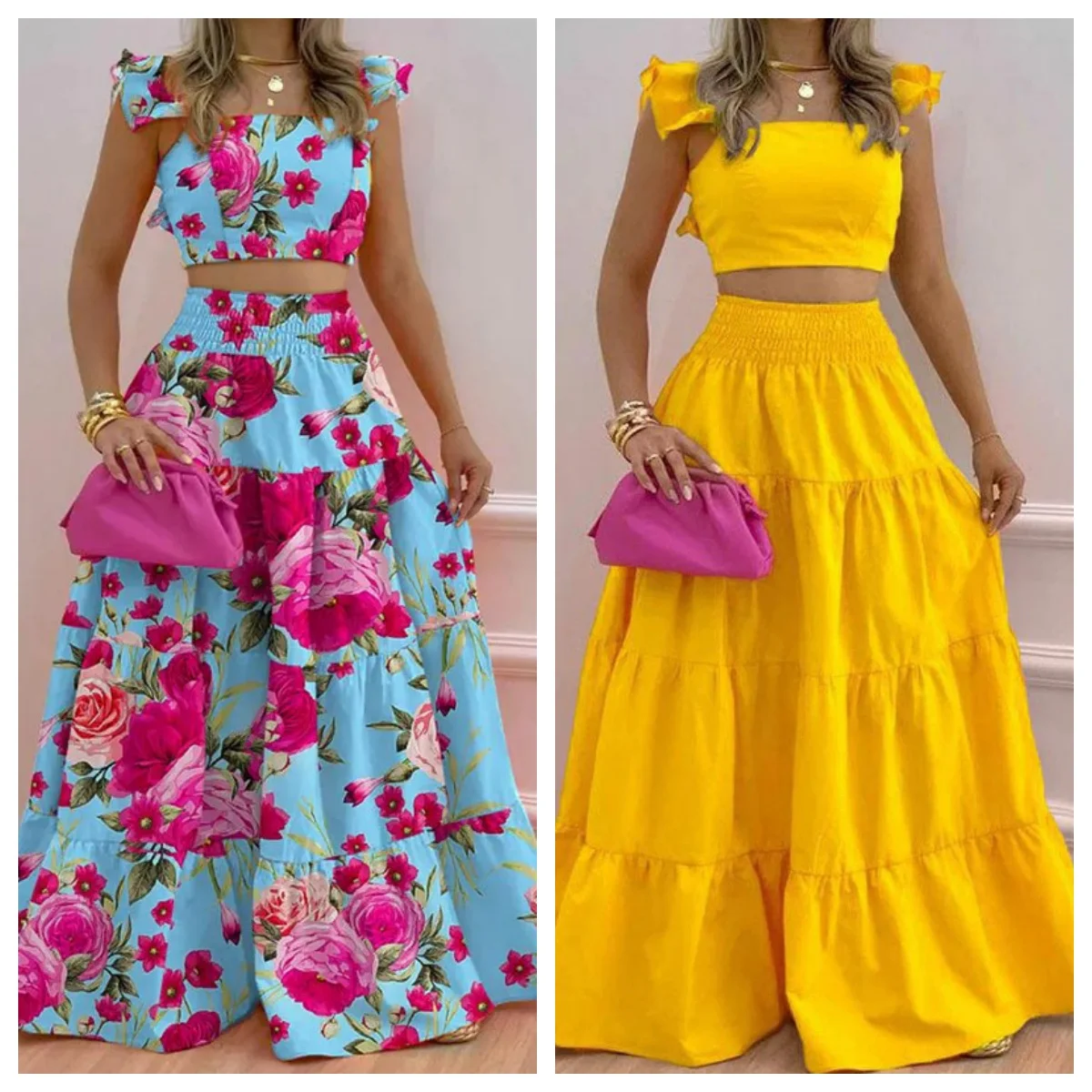 Skirt Sets Womans Clothing Streetwear New Spring/Summer Elegant Sexy Collage Sleeveless Top and Longuette Suits for Female