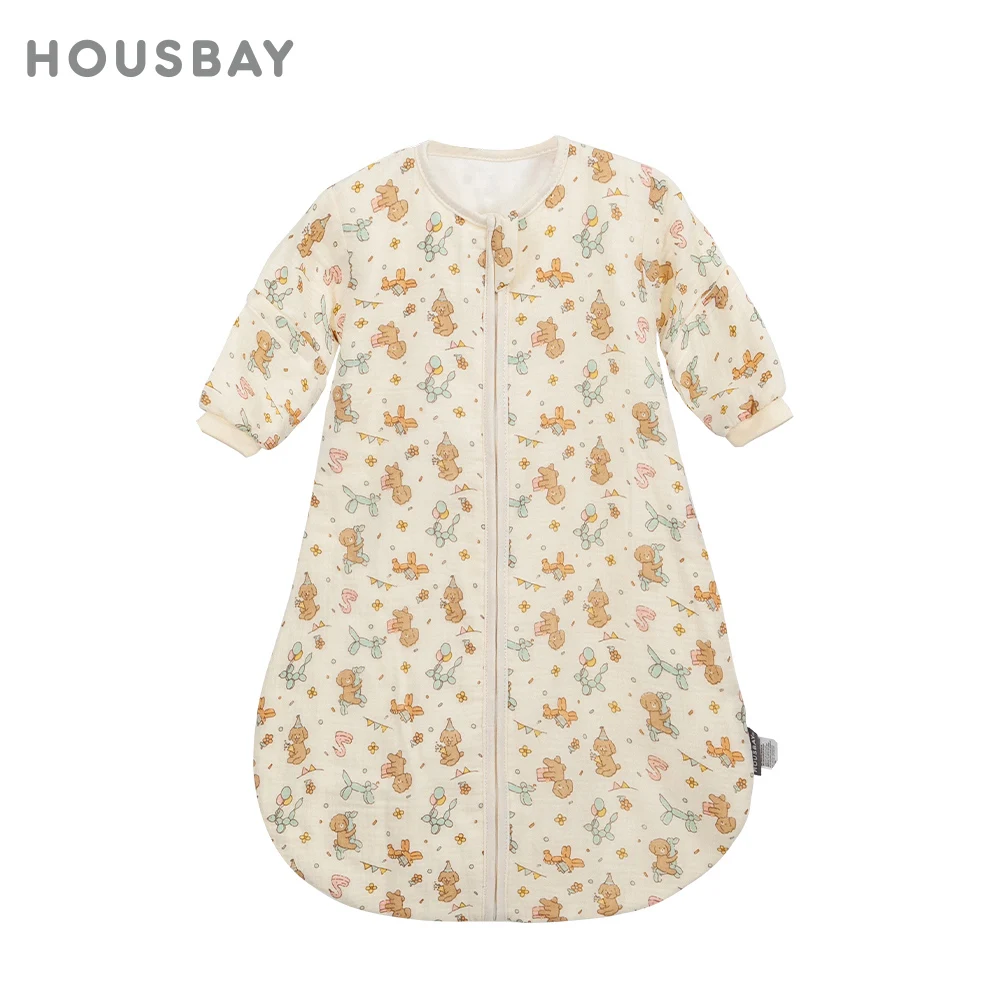 Sleeping Bag For Babies 0-24Months Soft Cotton Gauze Breathable 3-Ways Zipper Puppy Dog Baby Sleeping Bag With Removable Sleeves