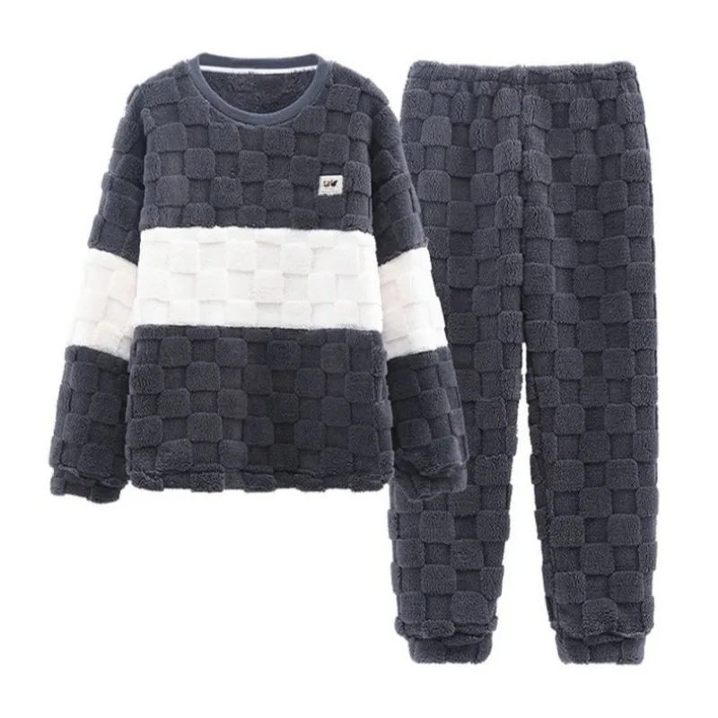 Sleepwear for Winter Men Coral Velvet Plus-Size Loungewear Two-Piece Set of Soft Flannel Long-Sleeved Pajamas Thickened Warm