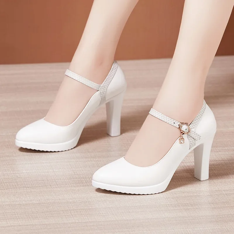 Small Size 32-43 Shallow White Wedding Shoes Women Block High Heels 2025 Fall Thick Platform Pumps for Office Model Party