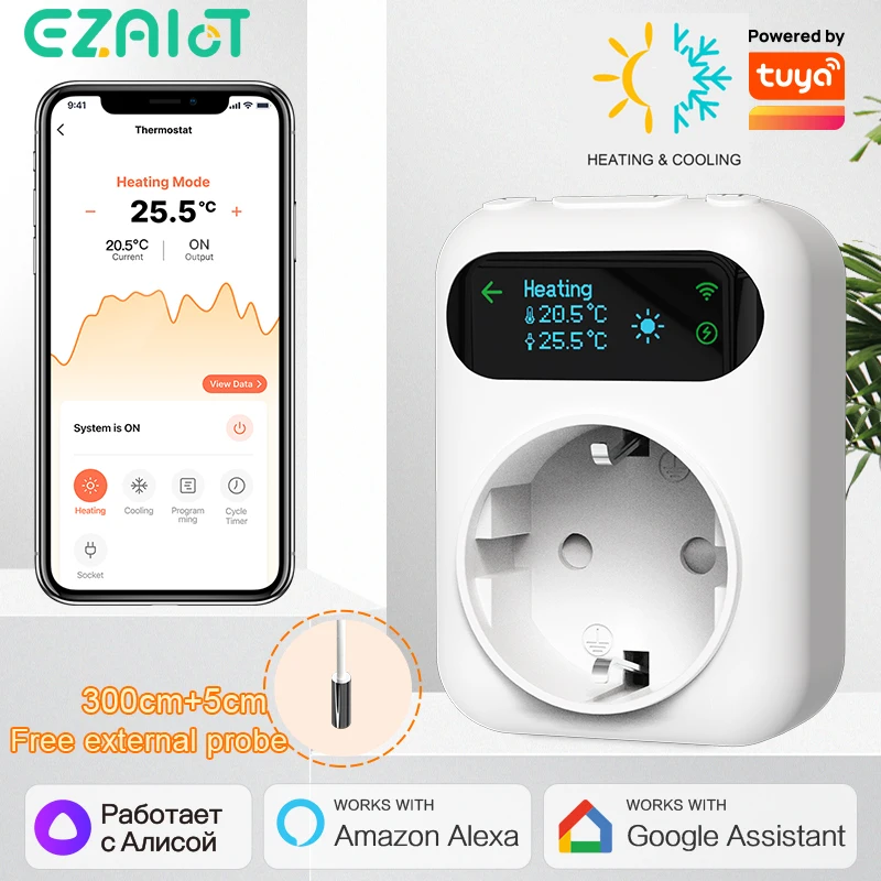 Smart WIFI Outlet Thermostat 16A Plug Boiler Heating Fan Cooling Tuya Temperature Controller with Alexa Google Home 3M Sensor