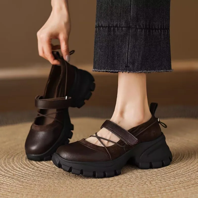 Soft Leather Platform Sports Mary Jane Shoes Women 2026 New Block Heel Strap Heightening Small Leather Shoes