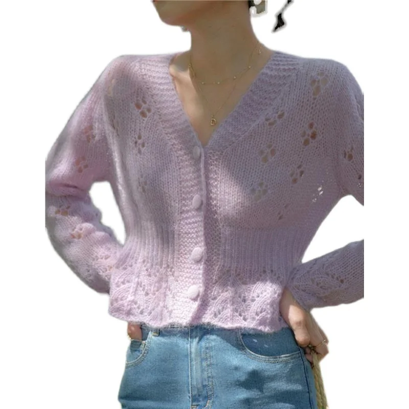 Soft ort Knitted Open Cardigan Women's Thin Vintage Gentle Hollow out Sweater Versatile Slimming Outerwear Spring Autumn