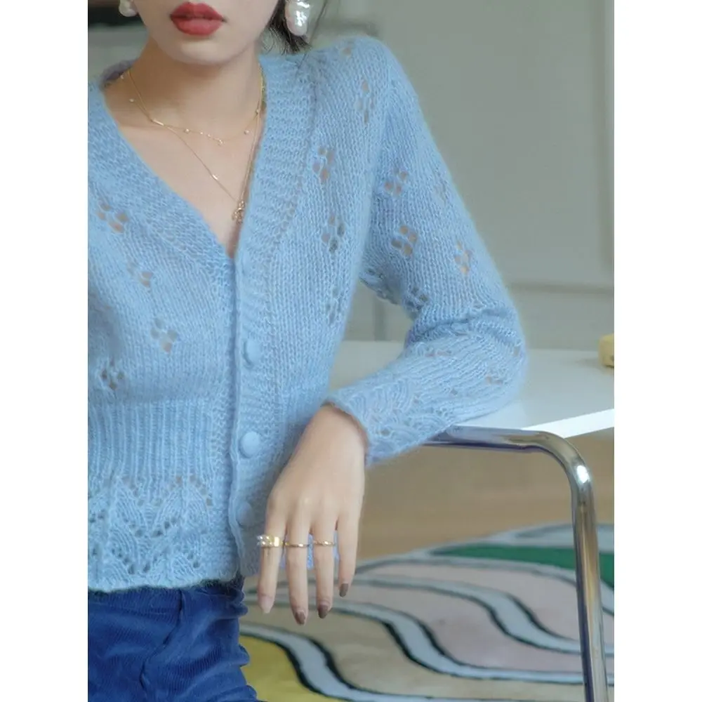Soft ort Knitted Open Cardigan Women's Thin Vintage Gentle Hollow out Sweater Versatile Slimming Outerwear Spring Autumn
