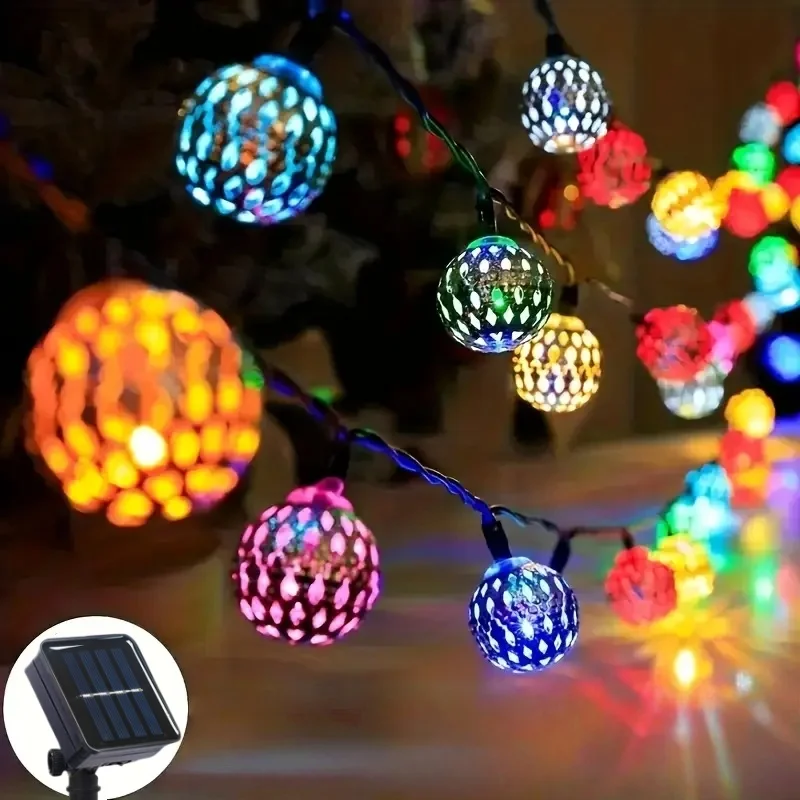 Solar Moroccan Ball String Lights 50/30/20 LED Detachable Solar Outdoor Decor Lights for Wedding Parties & Home Button Control