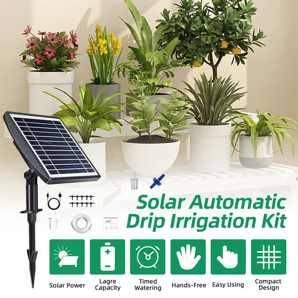 Solar Powered Plant Waterer Rechargeable Automatic Watering Spikes 1.2L Large Capacity Drip Irrigation System for Outdoor Garden