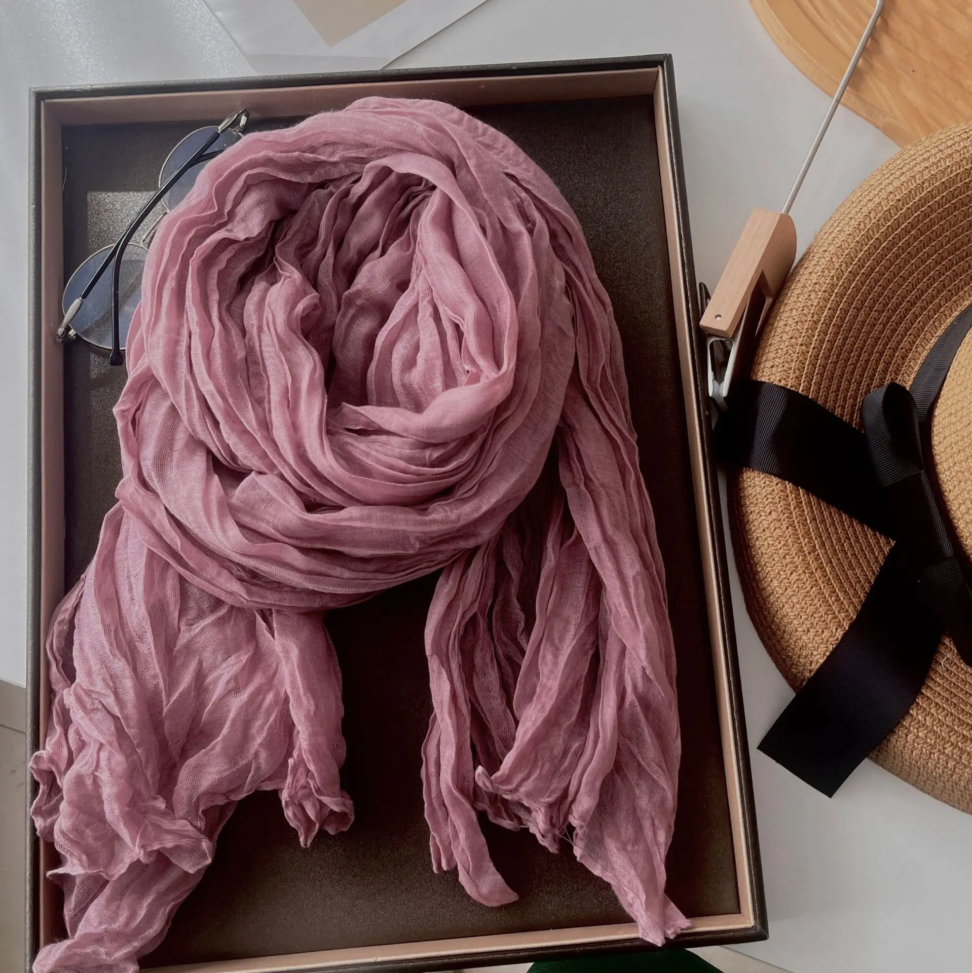 Solid Color Scarf Retro Autumn Winter New Pleated Green Retro Thin Long Strip Shawl Men and Women's Warm Silk