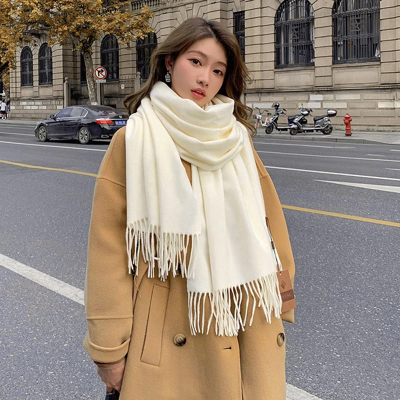 Solid Color Women Winter Scarf Warm Thicken Imitation Cashmere Shawl Outdoor Fashion Luxury Tassels Lady Wrap Windproof Scarves
