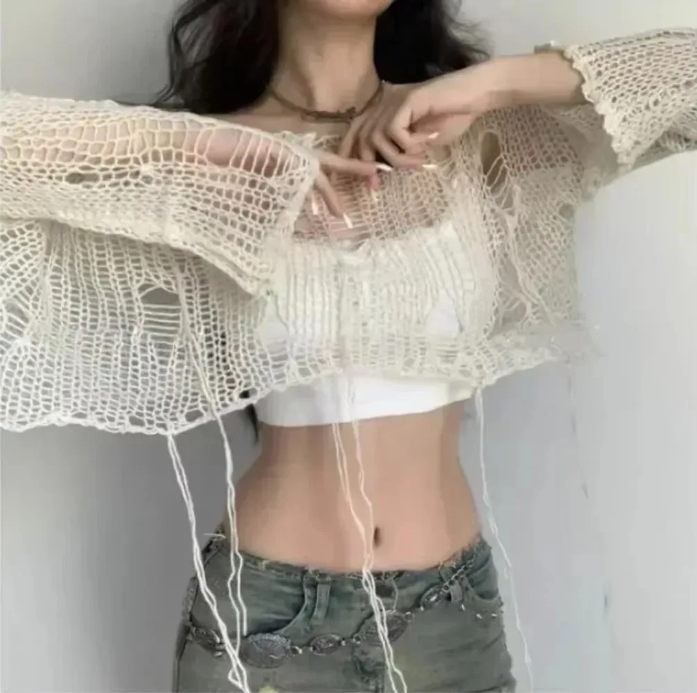 Solid Slash Neck Grunge Knitted Women's Sweater Hole Ripped Pullover Crop Top Harajuku Hollow Out Sexy Summer Jumpers All Match