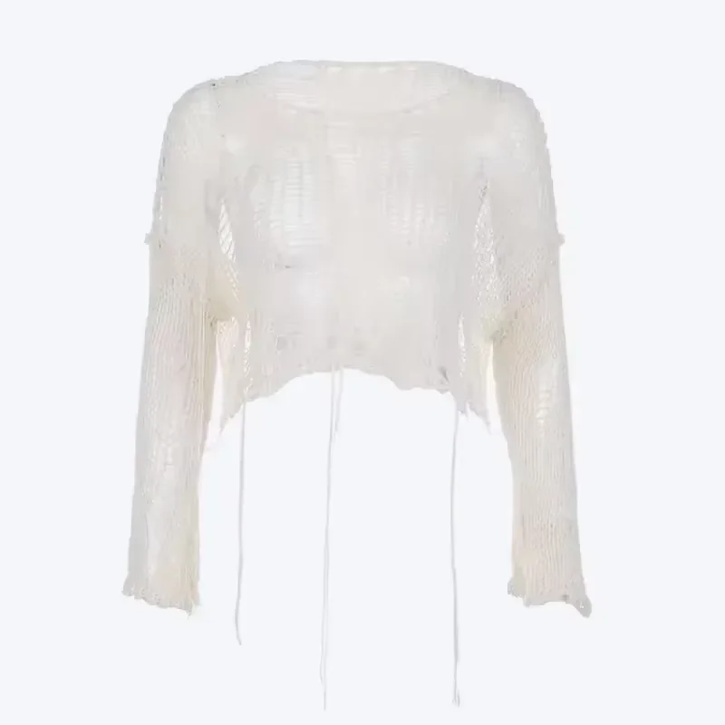 Solid Slash Neck Grunge Knitted Women's Sweater Hole Ripped Pullover Crop Top Harajuku Hollow Out Sexy Summer Jumpers All Match