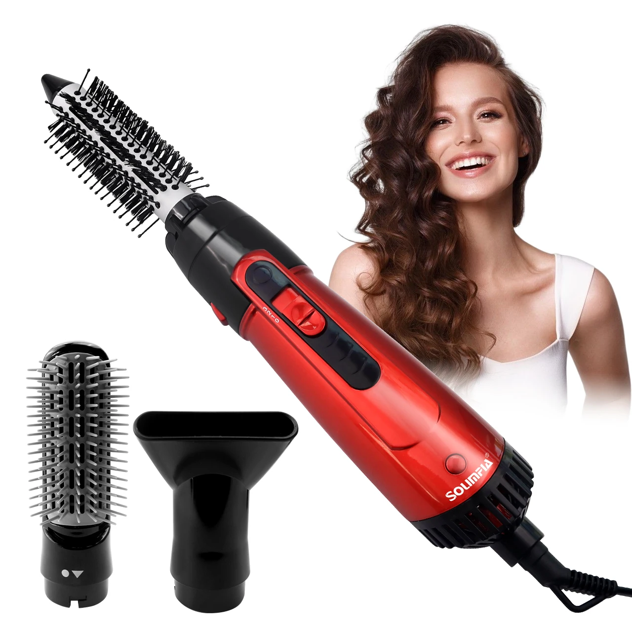 Solimpia 3-Head Hot Air Brush Hair Dryer Strong Wind Electric Straightener Curler Roller Comb Blower Styling Tool for Woman 800W