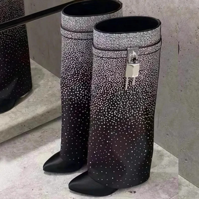 Sparkling Rhinestone Women's Knee High Boots Round Toe Wedges Female Winter Long Boots Metal Decoration Lady Fashion Show Boots