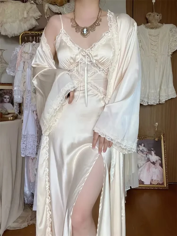 Spring 2 Piece Sets Women Sexy Strap Dress + Casual Coats Korean Elegant Long Split Dress Patchwork Lace Vintage Dress Suit Y2k