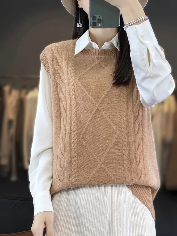 Spring Autumn 100% Merino Wool Women's O-Neck Pullover Vest Sleeveless Twist Flower Sweater Wool Knitwear Fashion Basic Tops