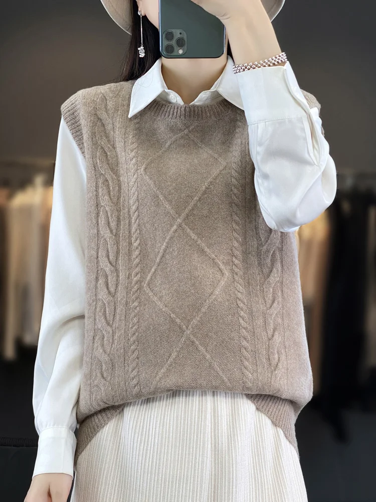 Spring Autumn 100% Merino Wool Women's O-Neck Pullover Vest Sleeveless Twist Flower Sweater Wool Knitwear Fashion Basic Tops