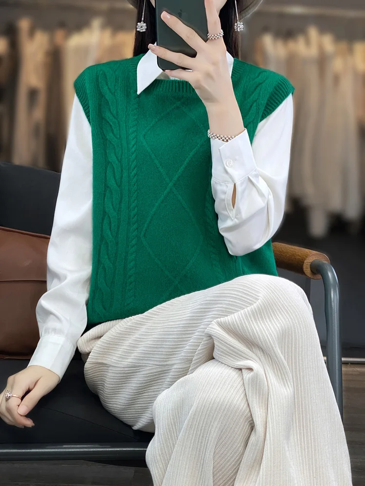 Spring Autumn 100% Merino Wool Women's O-Neck Pullover Vest Sleeveless Twist Flower Sweater Wool Knitwear Fashion Basic Tops