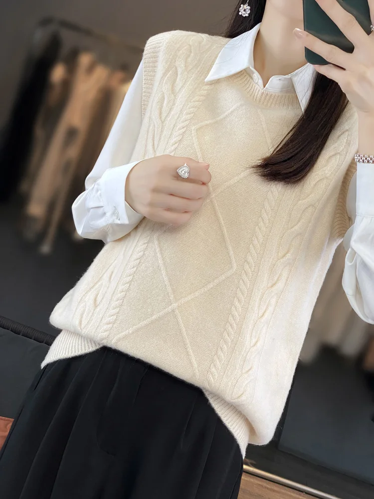 Spring Autumn 100% Merino Wool Women's O-Neck Pullover Vest Sleeveless Twist Flower Sweater Wool Knitwear Fashion Basic Tops