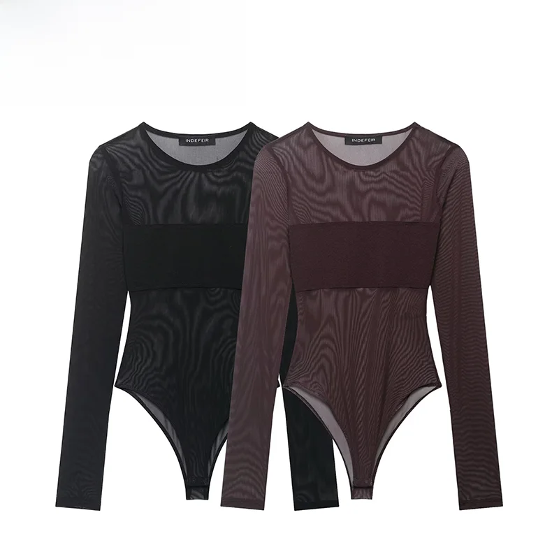 Spring New ZR Women's Fashion Thin Veil Splicing Jumpsuit Straight High Waist Short Pants Polyester Fiber All Match Style