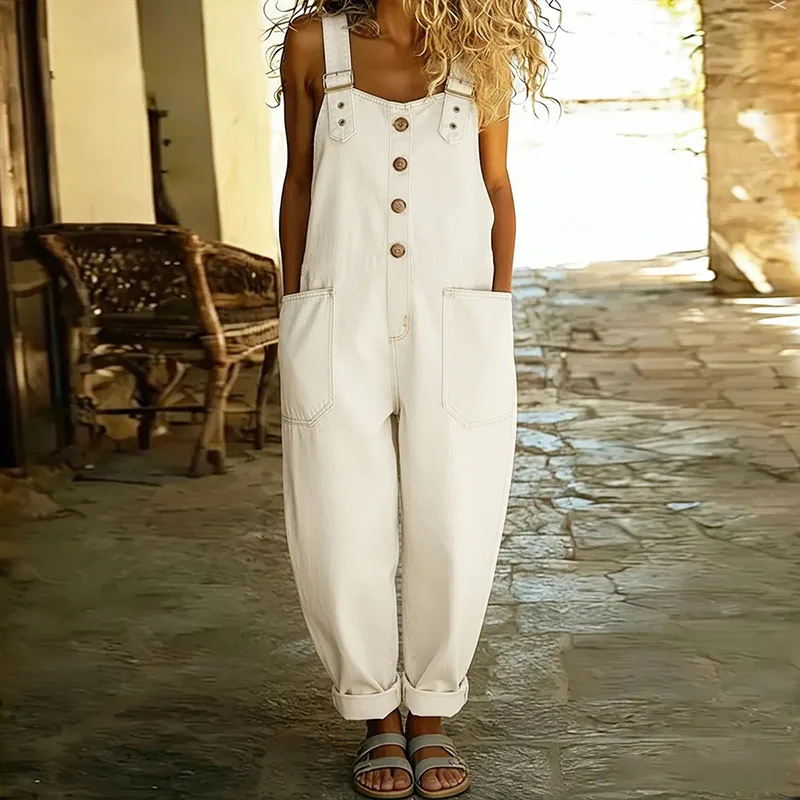 Spring Summer Sleeveless Camisole Women's Casual Jumpsuit Office Pocket Denim Playsuit High Street Pocket Wide Leg Pants Romper