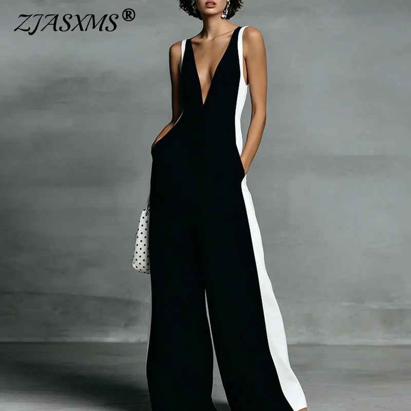 Spring Summer Sleeveless Straps Vacation Jumpsuit Woman Sexy Deep V Neck Hollow Rompers New Elegant Striped Print Beach Overalls