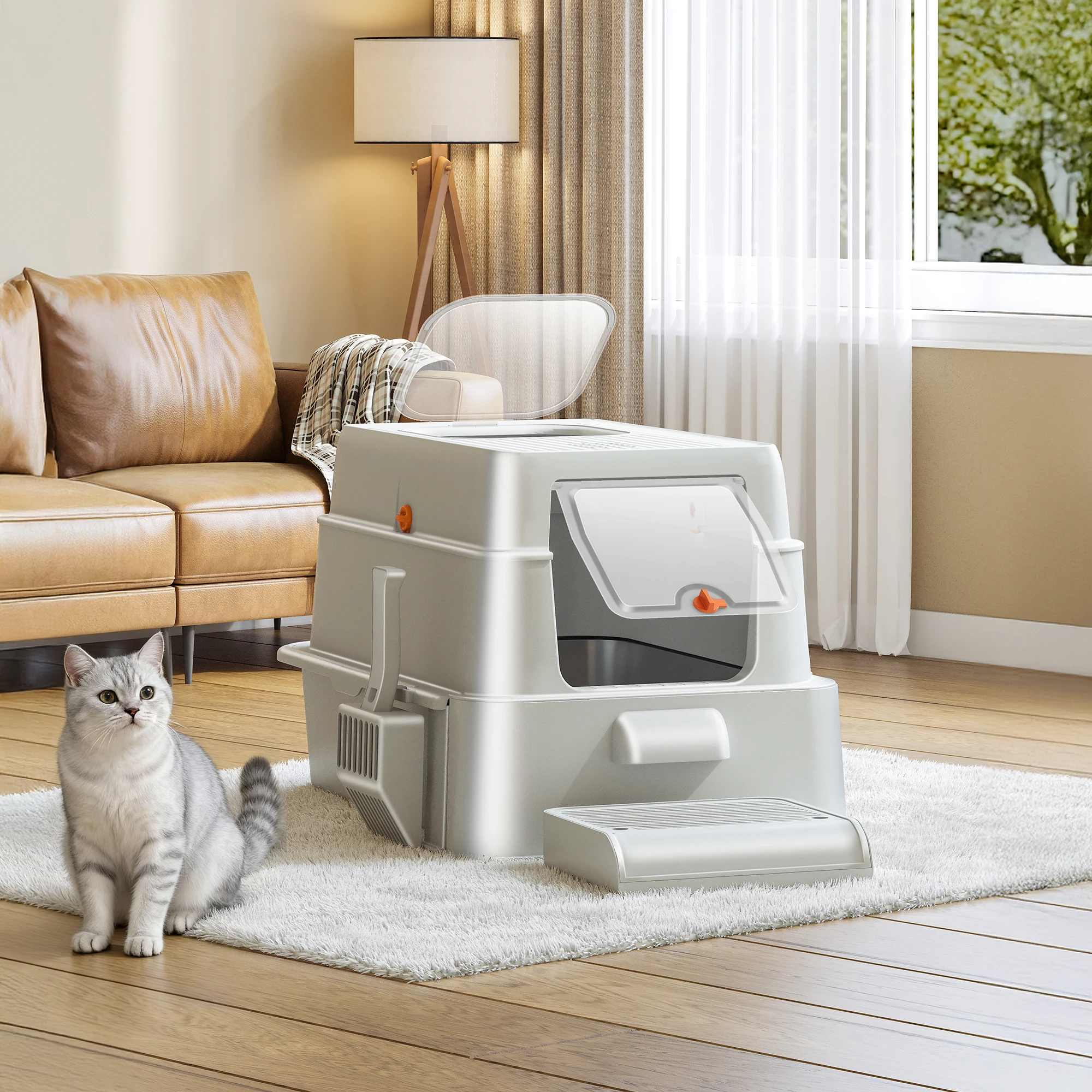 Stainless Steel Cat Litter Tray with Drawer & Lid, XXL Covered Metal Cat Litter Box with Pedal and Scoop, Odor Control