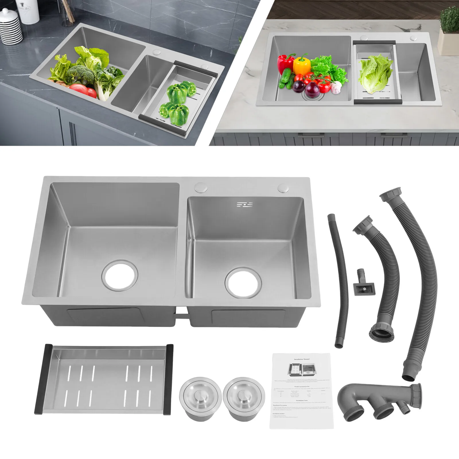 Stainless Steel Kitchen Sink Double Bowl Bulit-in Sink with Drain Basket for Garages Laundry Rooms Basements Silver