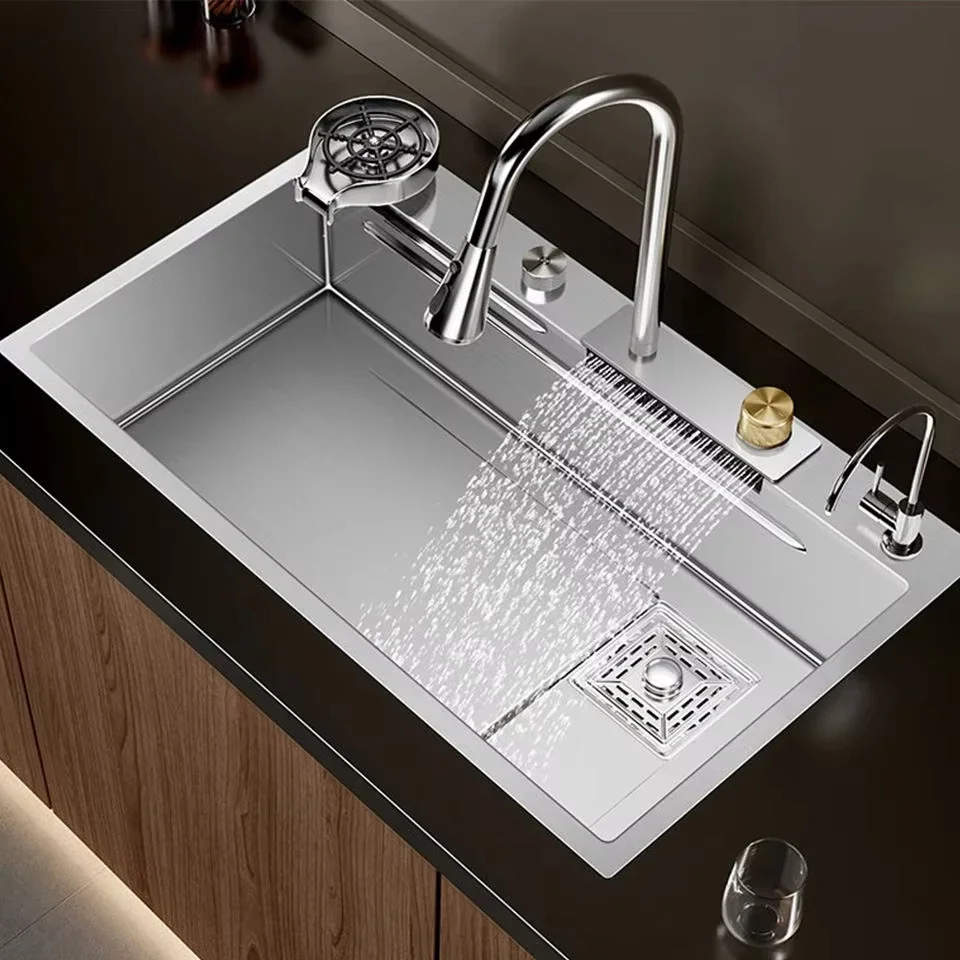Stainless Steel Multi-Function Kitchen Sink Set Silver Handmade Waterfall Design with Smart Faucet Nano Surface Treatment