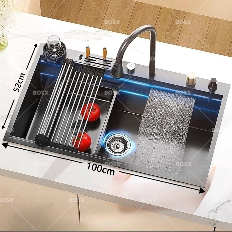 Stainless Steel Waterfall Kitchen Sink Extra Large Single Slot Multifunctional Dishwashing Sinks Undermount Basin Cup washer