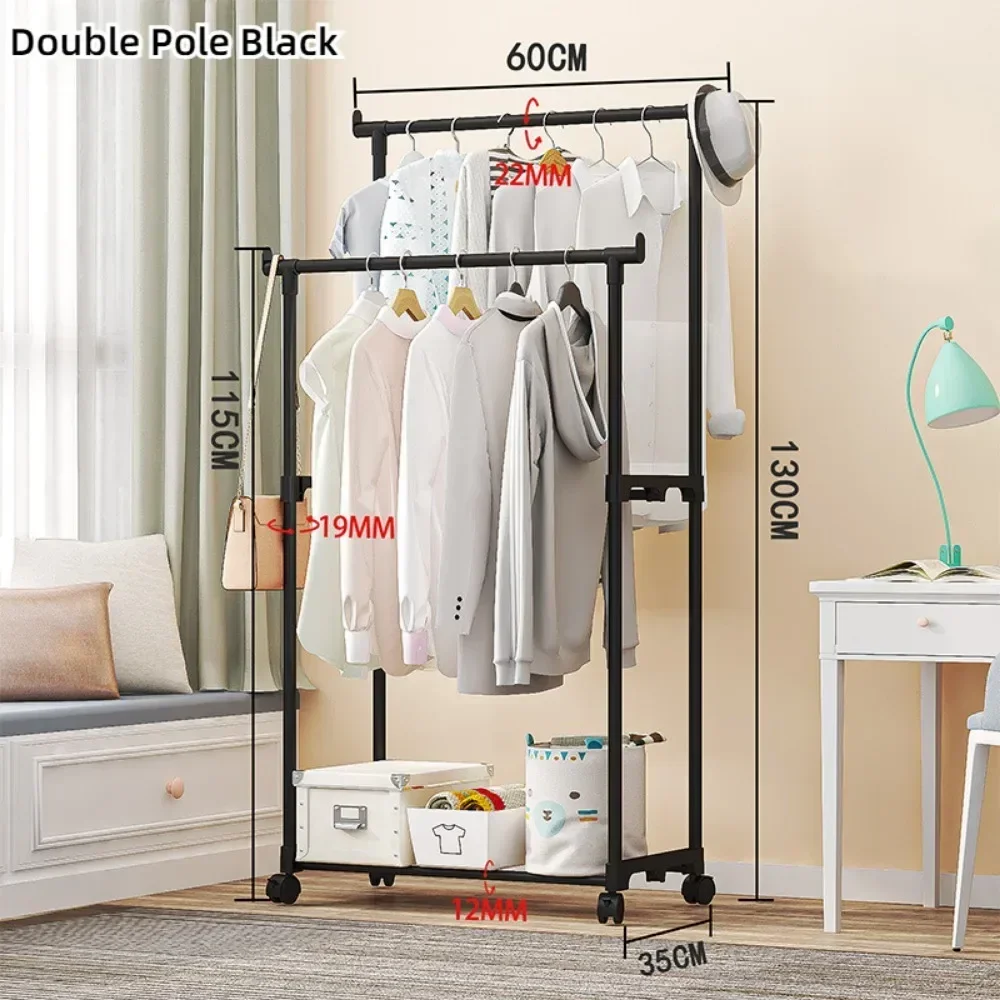 Standing Clothes Hanger Movable Simple Clothing Shelf Bedroom Storage Rack Assembled Closet Organizer Double Rod Coat Rack Floor