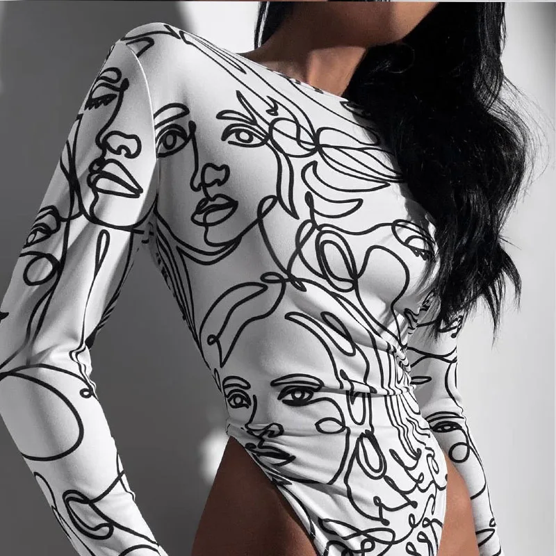 Street Style Spicy Girl Abstract round Neck Jumpsuit High Waist Slim Fit Long Sleeve Simple Elegance Trendy Top Women's Clothing