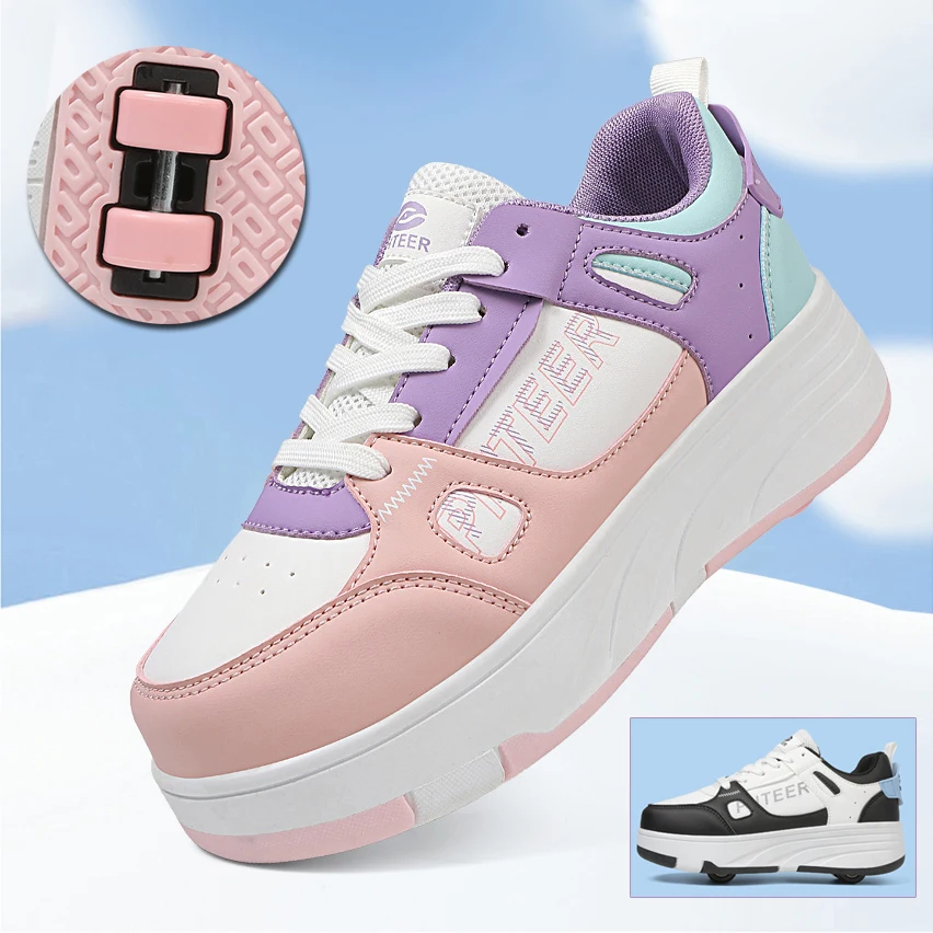 Student roller skates, detachable four-wheel roller skates, size 31-40 multifunctional sports shoes for boys and girls