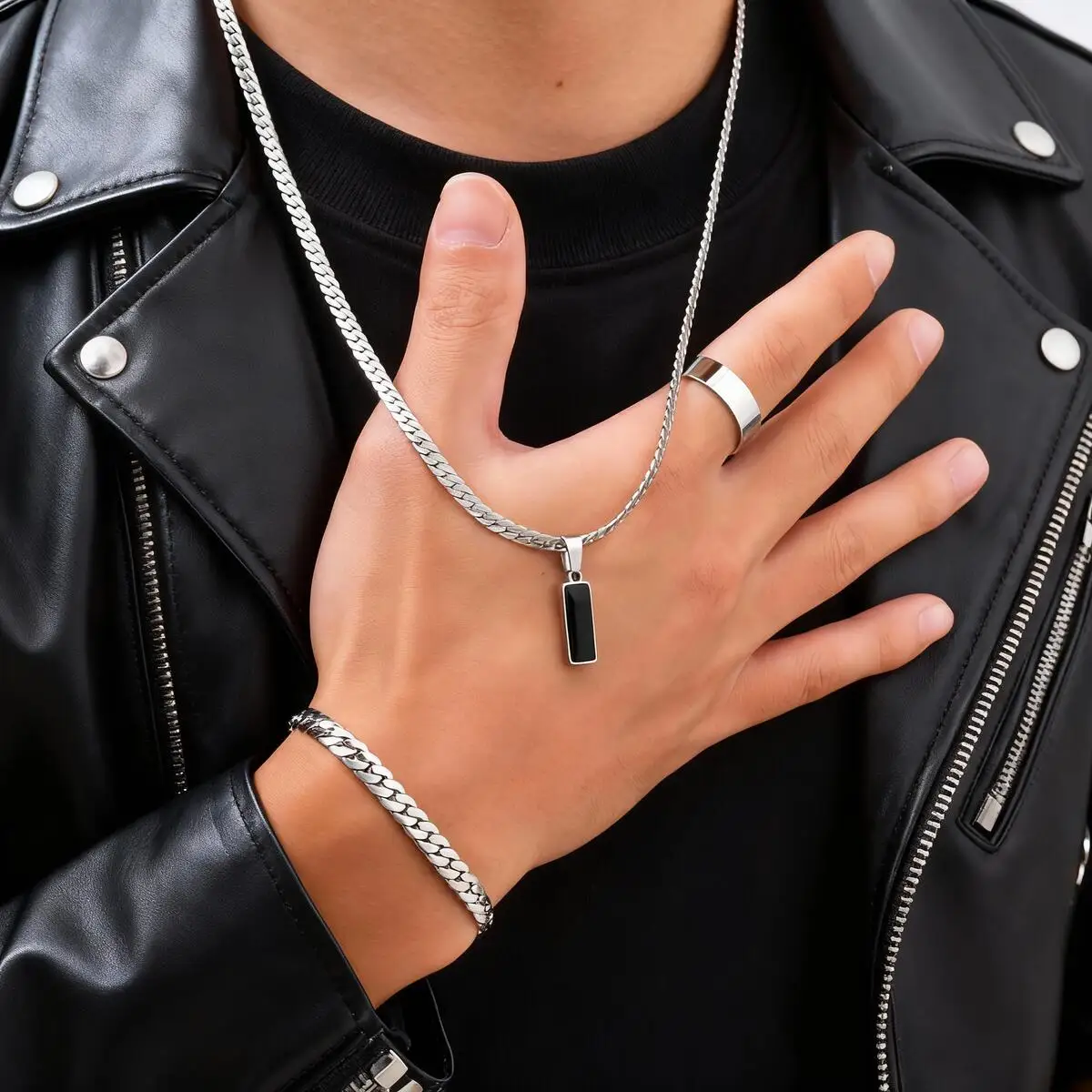 Stylish 3pcs Men's Flat Cuban Chain Jewelry Set,Stainless Steel Geometric Stone Pendent,Hip Hop Jewelry Gifts for Him