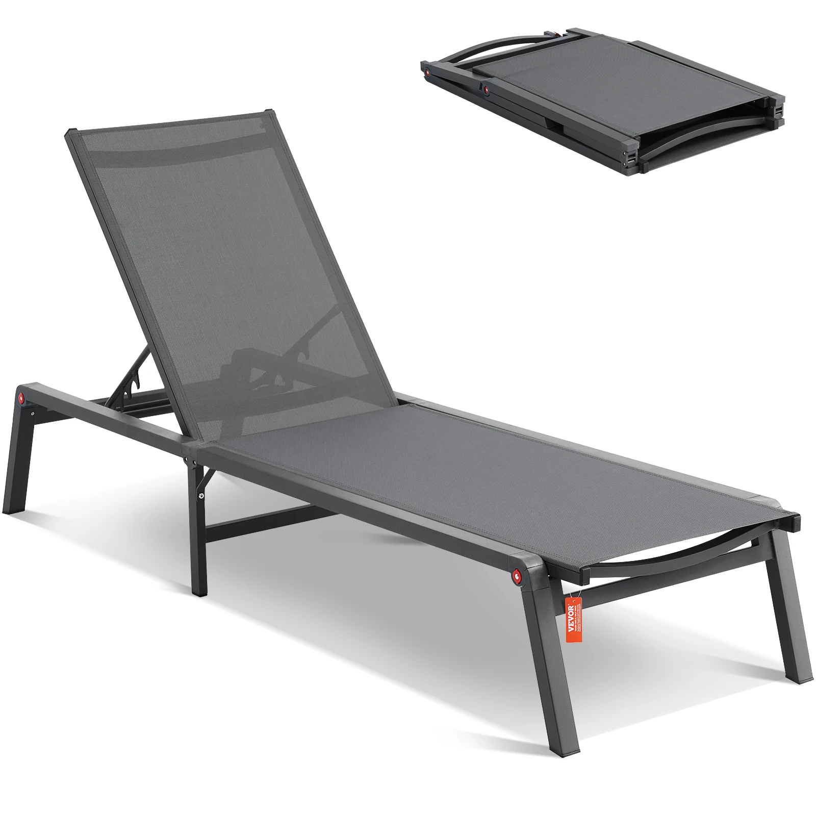 SucceBuy Chaise Lounge Chair Outdoor Aluminum Patio LoungeFolding Pool Lounge Recliner Full Flat for Patio Beach Pool Dark Grey