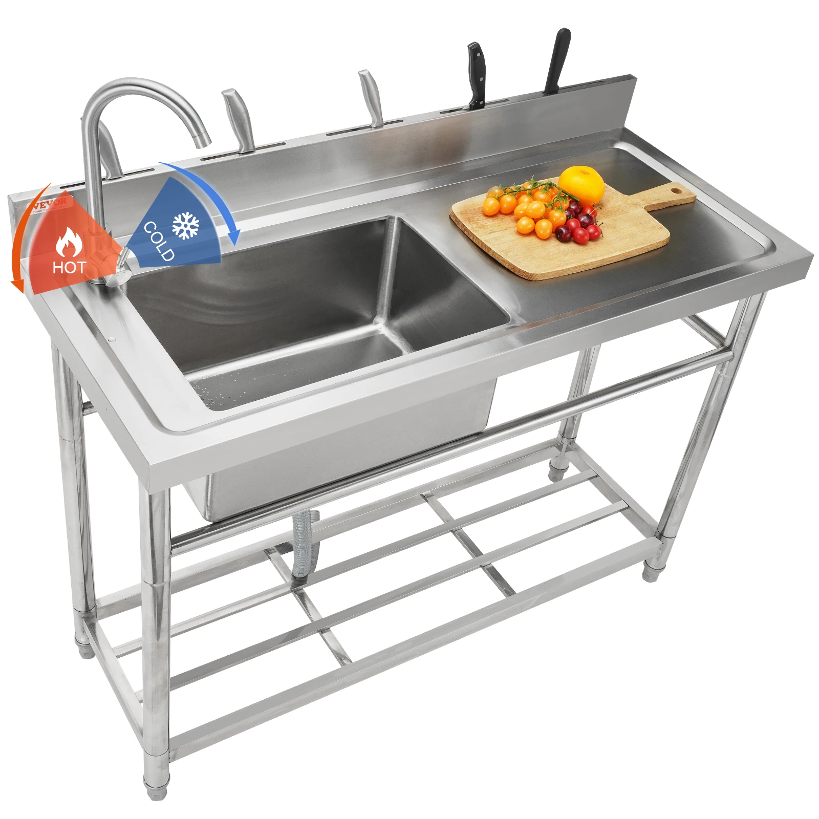 SucceBuy Free Standing Stainless-Steel Single Bowl Commercial Restaurant Kitchen Sink Set w/Faucet & Drainboard Utility Sink