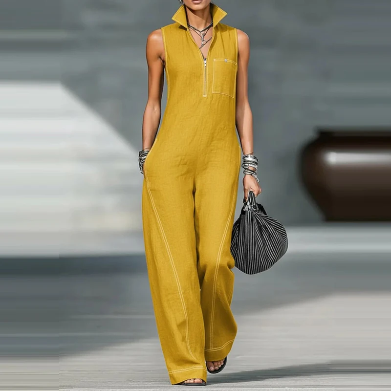Summer High Street Sleeveless Loose Playsuit Casual Women's Stand Collar Pocket Commuting Romper Fashion Wide Leg Pants Jumpsuit
