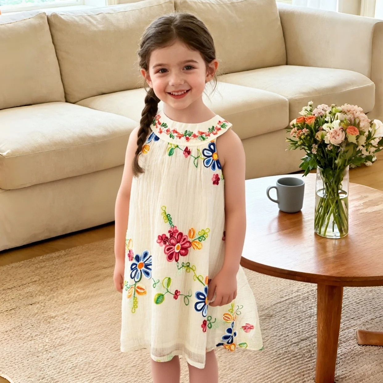 Summer New Baby Girl Dress With Elegant Floral Embroidery, For Daily Outings And Children'S Clothing (6 Months To 4 Years Old)