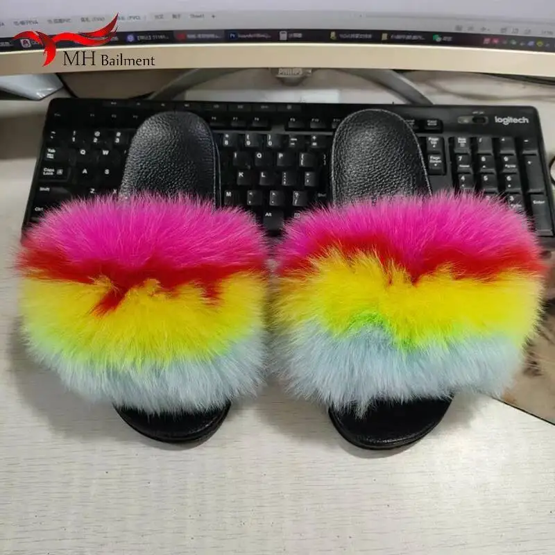 Summer Women Real Fox Fur Slippers Home Fluffy Flat Platform Sole Open Toe Sandals Beach Flip Flops Shoes Ladies Woman