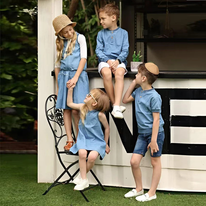 Summer kids clothes denim blue boy and girl dress t-shirt top set baby romper skirt hooded with zipper opening children outfit