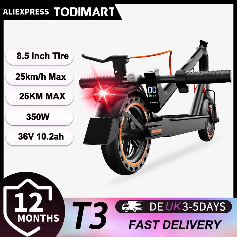 TODIMART T3 Foldable and Portable Electric Scooter with APP Control, 350W 36V 10.4Ah Motor, 25km/h Speed, 8.5" Tires