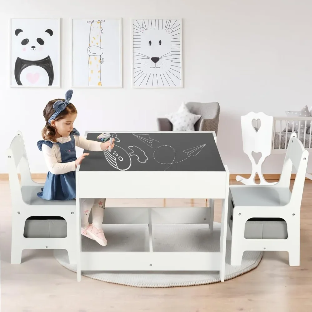 Table and Chair Set, 3 in 1 Activity Table with Storage, Removable Tabletop, Blackboard, 3-Piece Nursery Furniture Set