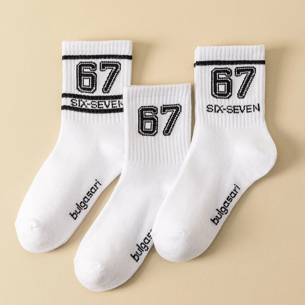 Teen Fashion Socks with "67" Print - Mid-Calf Sports Socks for Trendy Kids All Season