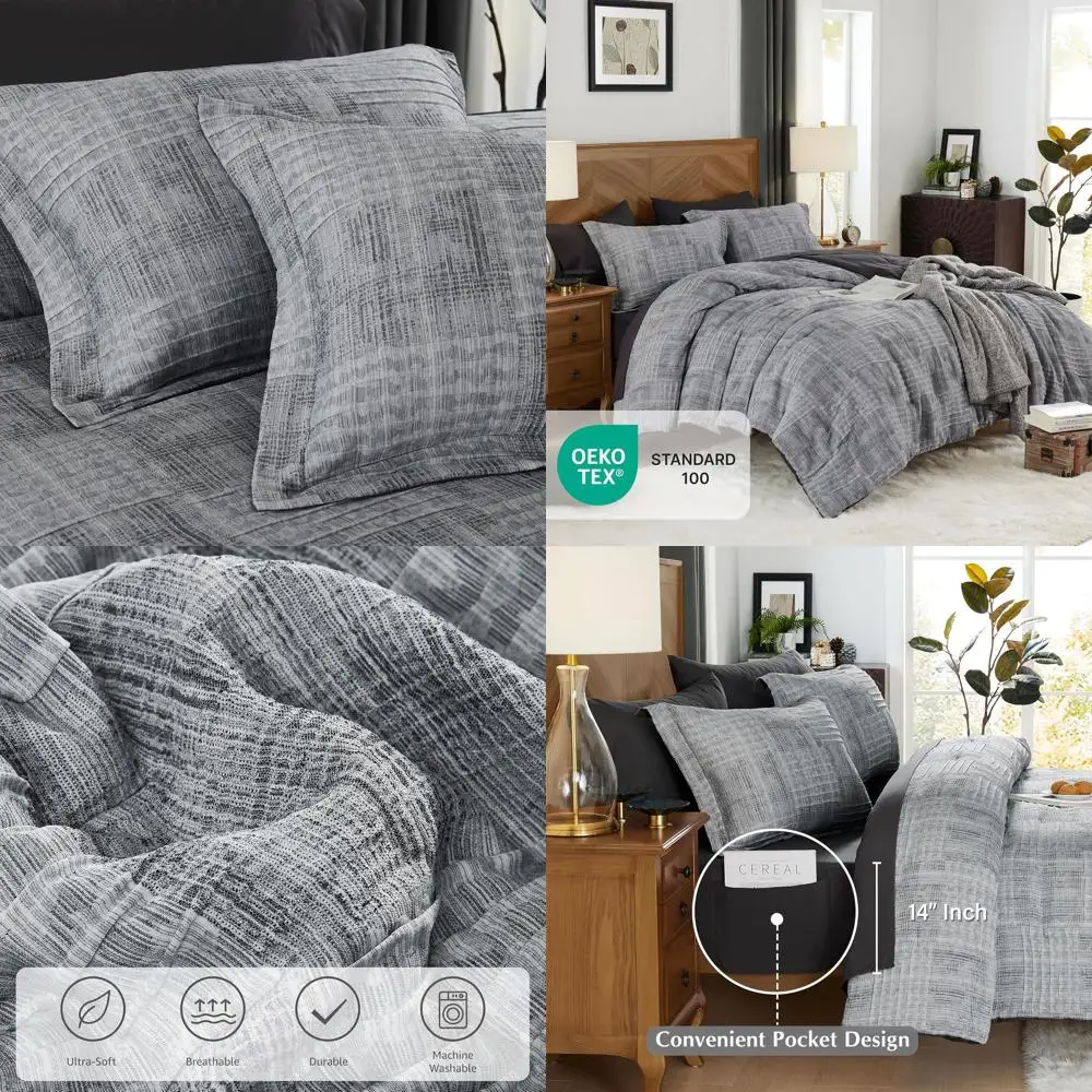 Textured Charcoal Grey Bed-in-a-Bag Full Comforter Set with 7-Piece Accessories