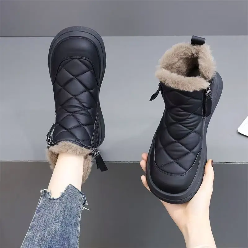 Thick Bottom Snow Boots Women's Winter Flat Anti-slip Short Boot Fleece Lined Thickened Warm Cotton Boots Fashionable Mid-Cal...
