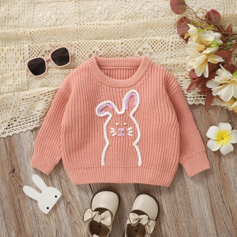 Toddler Baby Easter Sweater Bunny Embroidery Long Sleeve Crew Neck Knitwear Pullover