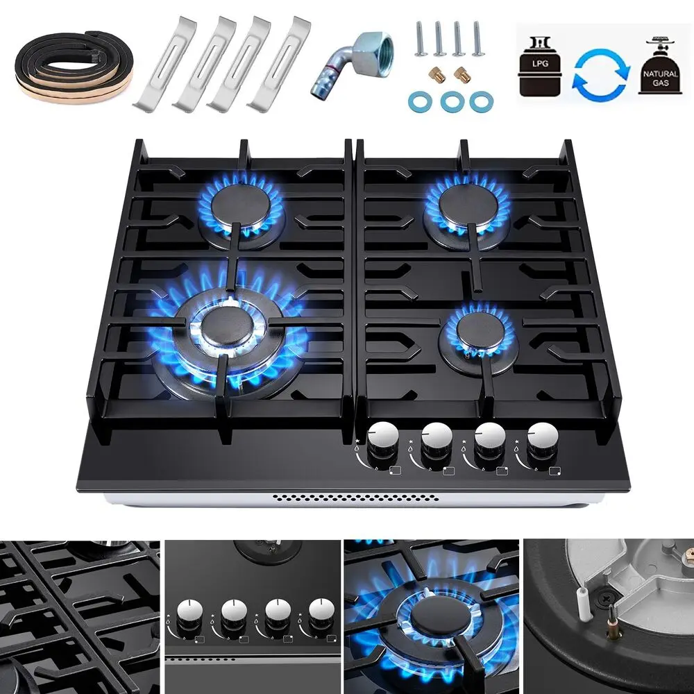 TopStrong 4 Burner 60cm Kitchen Built in Tempered Glass NG/LPG Convertible Gas Hob UKGCT-B04