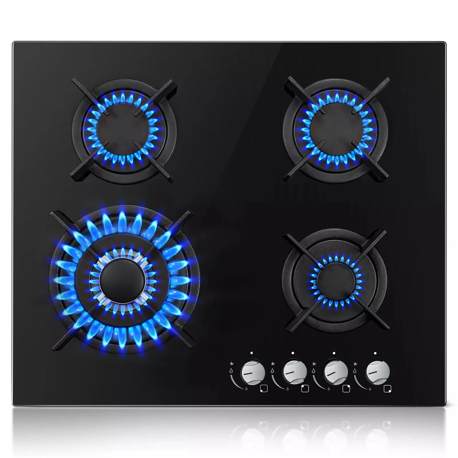 TopStrong 60 cm Black Tempered Glass 4 Burners NG/LPG Convertible Gas Cooktop Built-in Hob