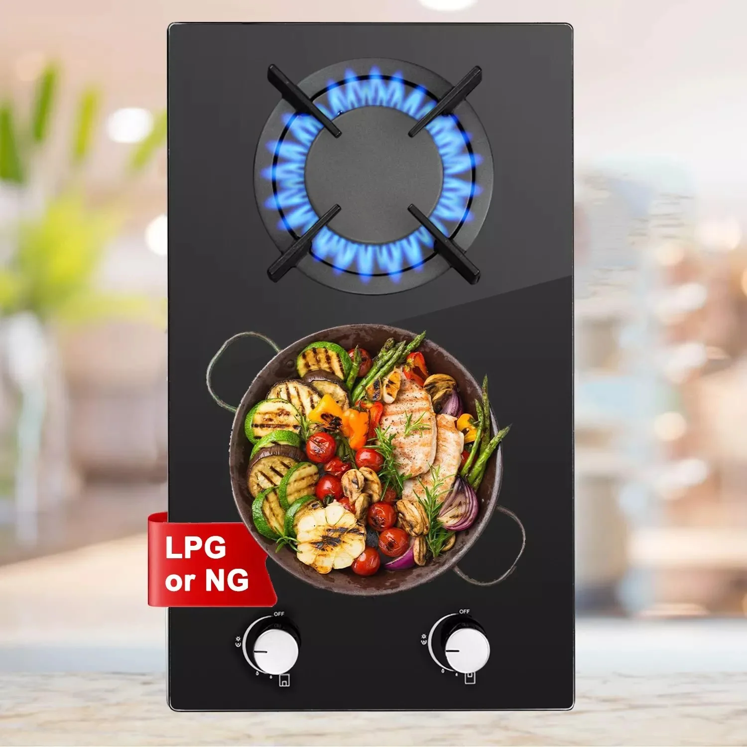 Topstrong 2 Burners Kitchen Built in Cooktop Black Glass NG/LPG Dual Fuel Gas Hob YYUKGCT-B02