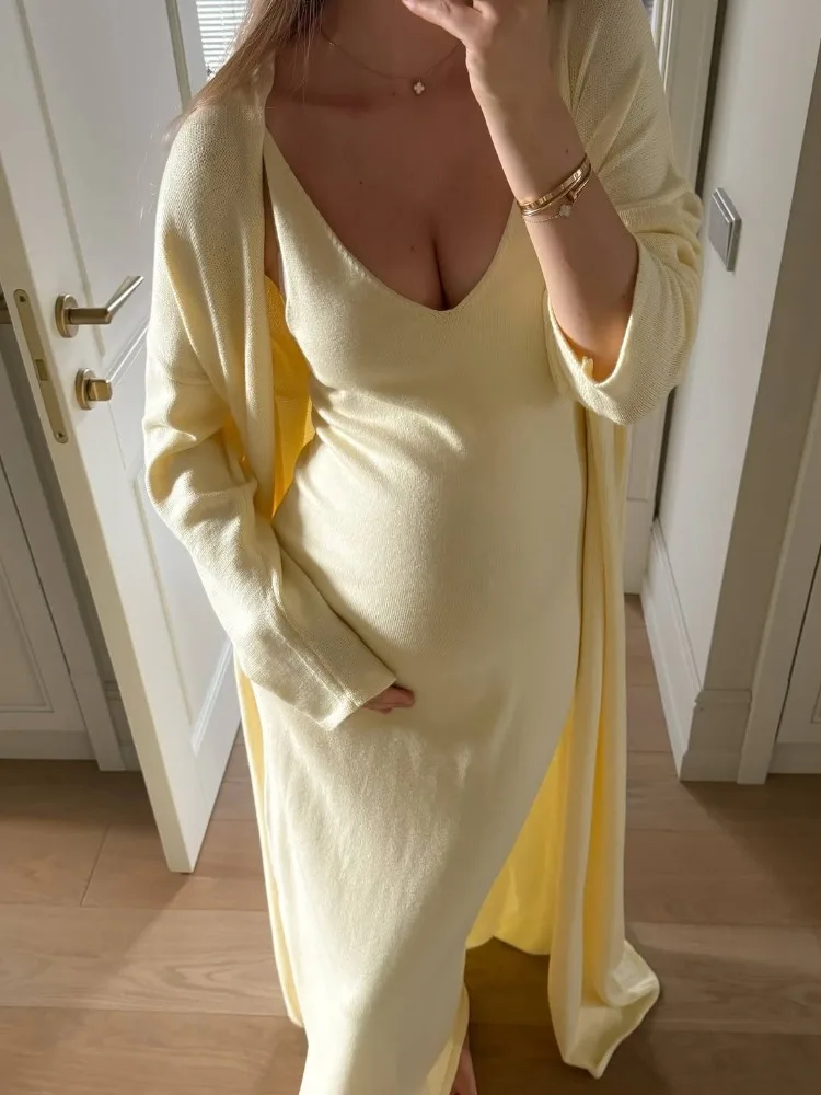 Tossy Knitwear Fashion Long Dress Outfits Women's Loose Cover up V-Neck Ribbed 2 Piece-Set Party Looks Female Knit Dress Sets