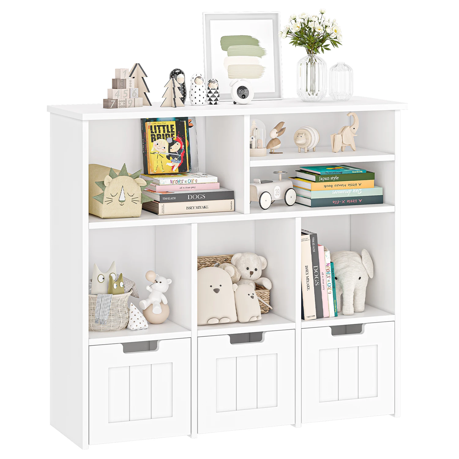 Toy Storage Organizer for Books Toys, 2-Shelf Bookcase with 3 Removable Drawers, Bookshelf for Kids Rooms Playroom Hallway